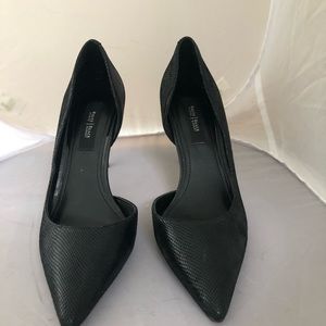 White House Black Market black snakeskin-like leather upper black heels. Size 7
